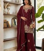 Maroon silk embroidered kurta with palazzo and dupatta set