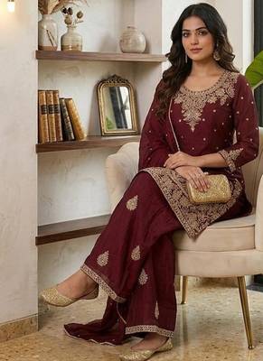 Maroon silk embroidered kurta with palazzo and dupatta set 3