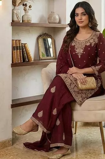Maroon silk embroidered kurta with palazzo and dupatta set