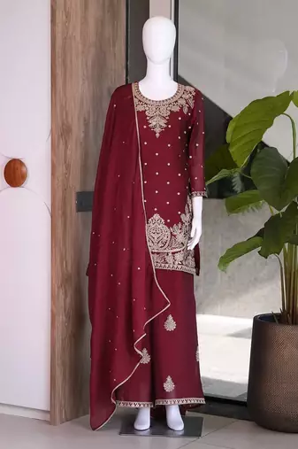 Maroon silk embroidered kurta with palazzo and dupatta set