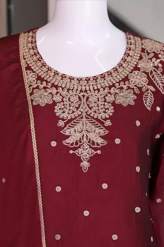 Maroon silk embroidered kurta with palazzo and dupatta set