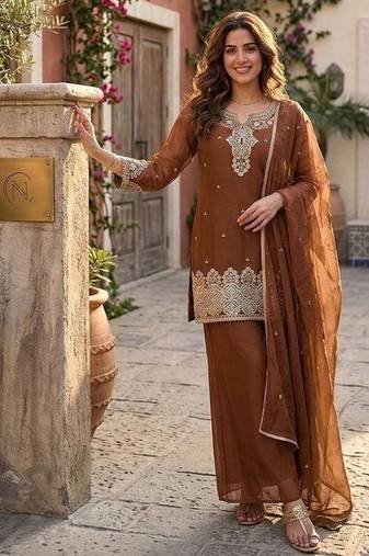 Brown silk embroidered kurta with palazzo and dupatta set