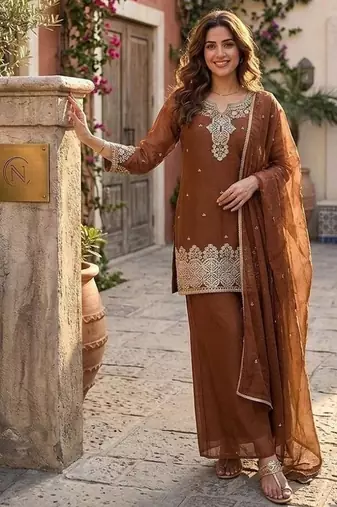 Brown silk embroidered kurta with palazzo and dupatta set