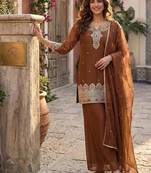 Brown silk embroidered kurta with palazzo and dupatta set