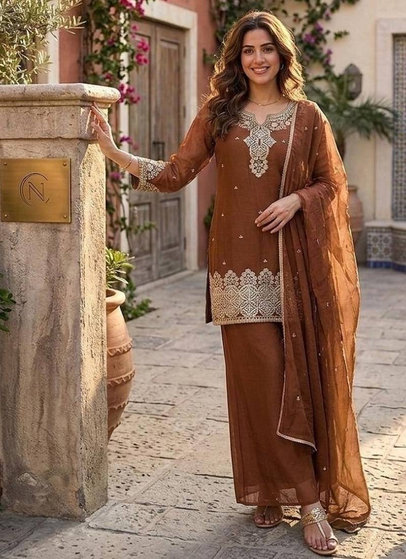 Brown silk embroidered kurta with palazzo and dupatta set
