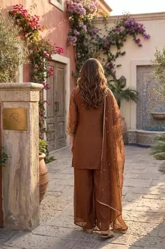 Brown silk embroidered kurta with palazzo and dupatta set