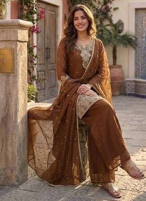 Brown silk embroidered kurta with palazzo and dupatta set 3