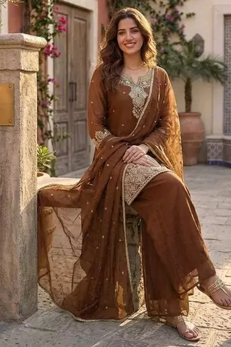 Brown silk embroidered kurta with palazzo and dupatta set