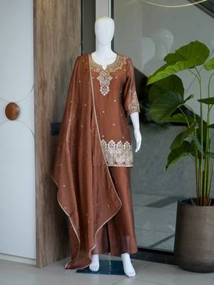 Brown silk embroidered kurta with palazzo and dupatta set 4