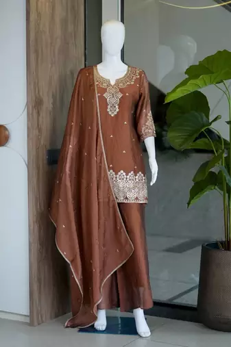 Brown silk embroidered kurta with palazzo and dupatta set