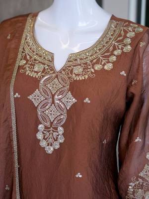 Brown silk embroidered kurta with palazzo and dupatta set 5