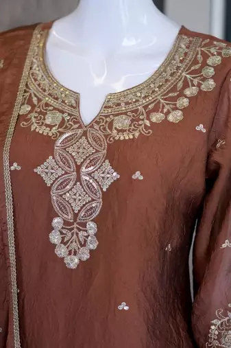 Brown silk embroidered kurta with palazzo and dupatta set