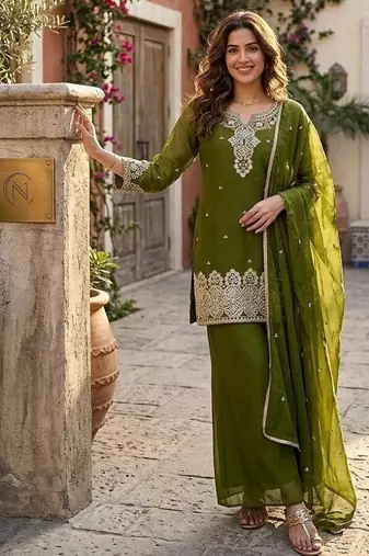 Green silk embroidered kurta with palazzo and dupatta set