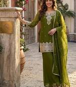 Green silk embroidered kurta with palazzo and dupatta set