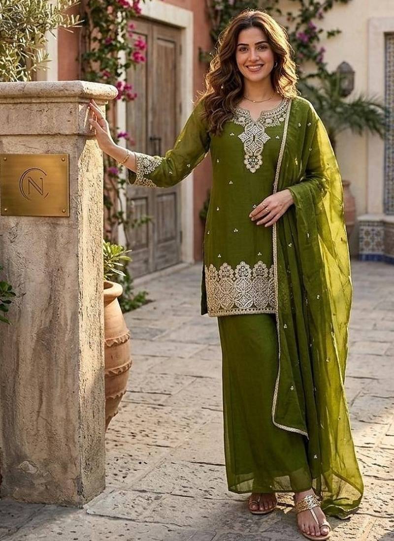 Green silk embroidered kurta with palazzo and dupatta set