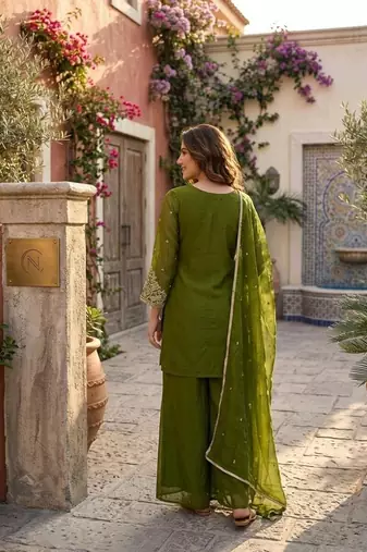 Green silk embroidered kurta with palazzo and dupatta set
