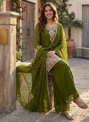 Green silk embroidered kurta with palazzo and dupatta set 3