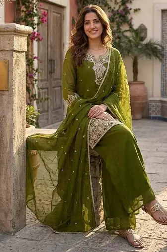 Green silk embroidered kurta with palazzo and dupatta set