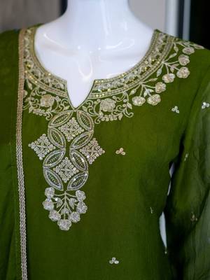 Green silk embroidered kurta with palazzo and dupatta set 5