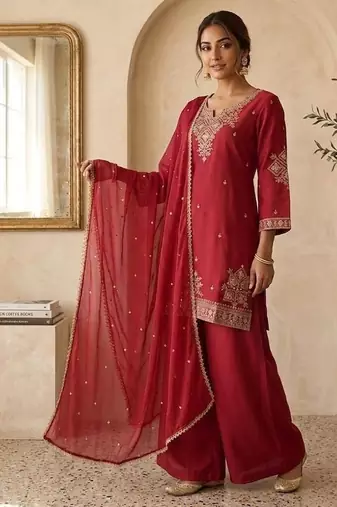 Red roman two tone embroidered kurta with palazzo and dupatta set