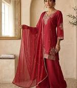 Red roman two tone embroidered kurta with palazzo and dupatta set