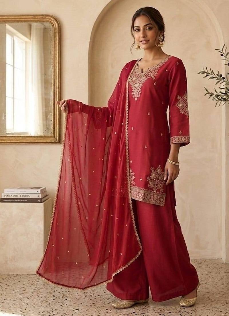 Red roman two tone embroidered kurta with palazzo and dupatta set