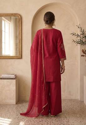 Red roman two tone embroidered kurta with palazzo and dupatta set 2