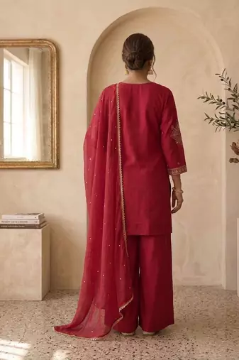 Red roman two tone embroidered kurta with palazzo and dupatta set