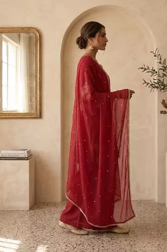 Red roman two tone embroidered kurta with palazzo and dupatta set