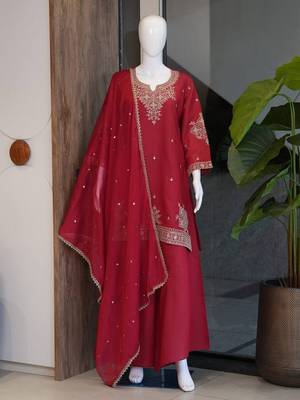 Red roman two tone embroidered kurta with palazzo and dupatta set 4