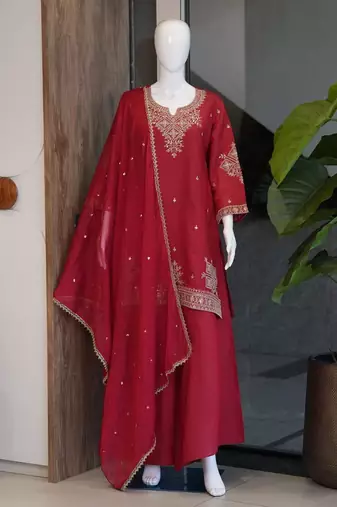 Red roman two tone embroidered kurta with palazzo and dupatta set