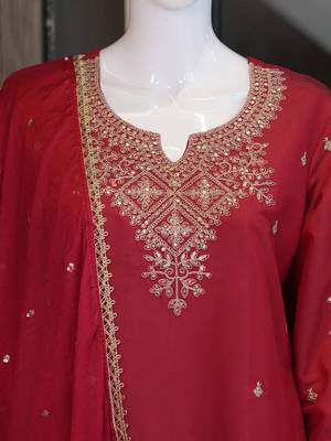 Red roman two tone embroidered kurta with palazzo and dupatta set 5