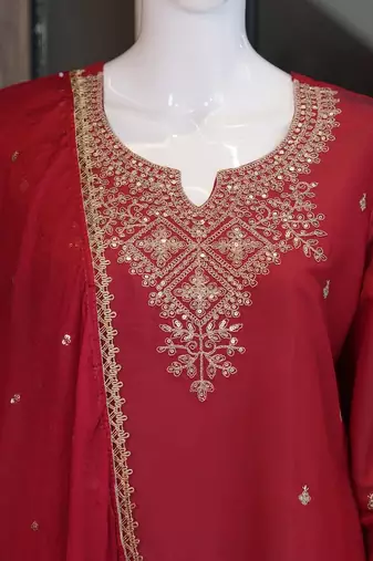 Red roman two tone embroidered kurta with palazzo and dupatta set