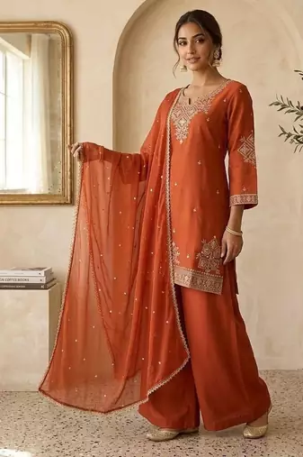 Orange roman two tone embroidered kurta with palazzo and dupatta set
