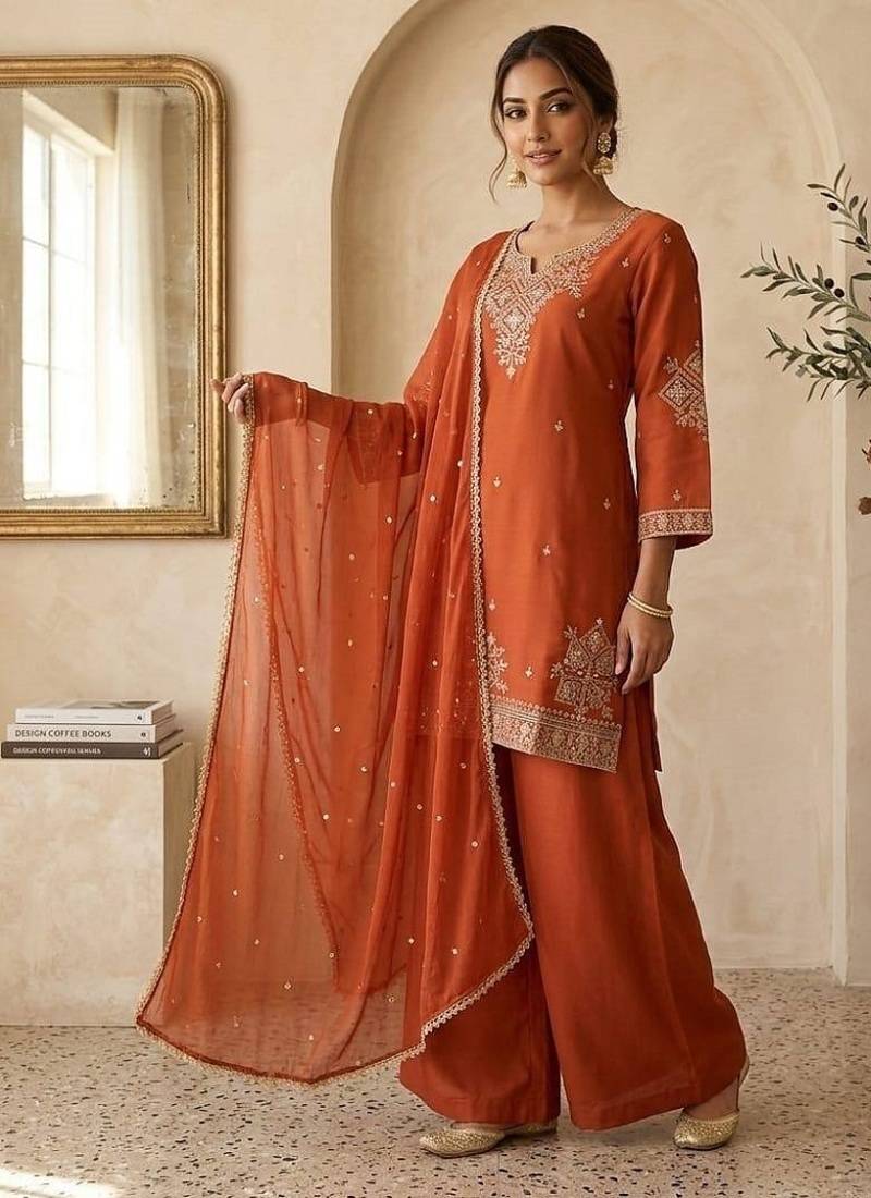 Orange roman two tone embroidered kurta with palazzo and dupatta set