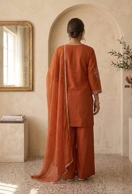 Orange roman two tone embroidered kurta with palazzo and dupatta set 2