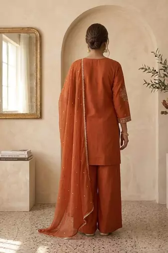 Orange roman two tone embroidered kurta with palazzo and dupatta set