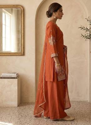 Orange roman two tone embroidered kurta with palazzo and dupatta set 3
