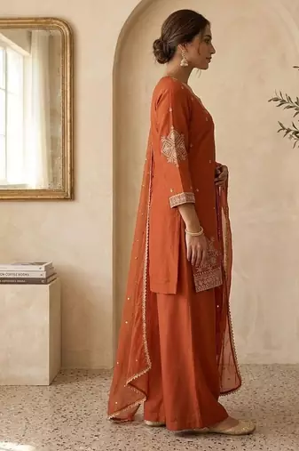 Orange roman two tone embroidered kurta with palazzo and dupatta set
