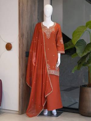 Orange roman two tone embroidered kurta with palazzo and dupatta set 4