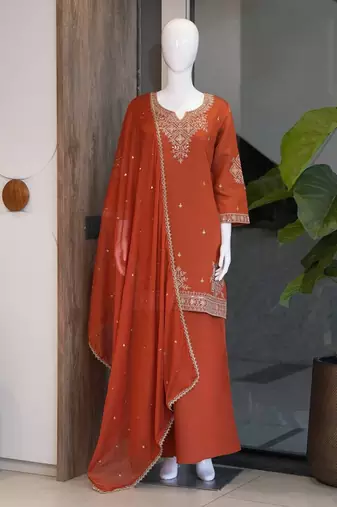 Orange roman two tone embroidered kurta with palazzo and dupatta set