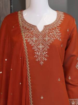 Orange roman two tone embroidered kurta with palazzo and dupatta set 5