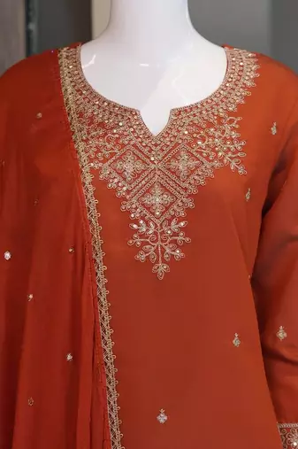 Orange roman two tone embroidered kurta with palazzo and dupatta set