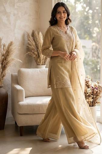 Beige cosmos with sequin work kurta with palazzo dupatta set