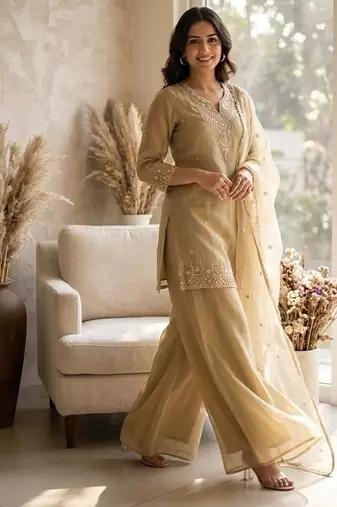 Beige cosmos with sequin work kurta with palazzo dupatta set