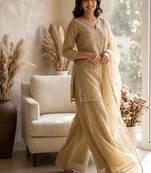 Beige cosmos with sequin work kurta with palazzo dupatta set