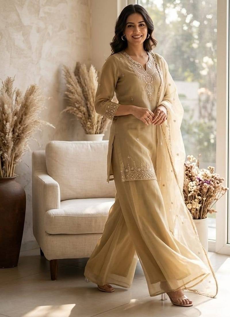 Beige cosmos with sequin work kurta with palazzo dupatta set