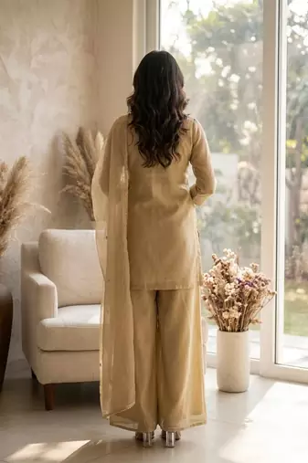 Beige cosmos with sequin work kurta with palazzo dupatta set
