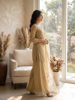 Beige cosmos with sequin work kurta with palazzo dupatta set 3