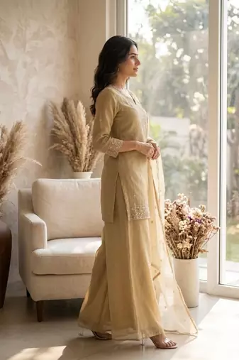 Beige cosmos with sequin work kurta with palazzo dupatta set